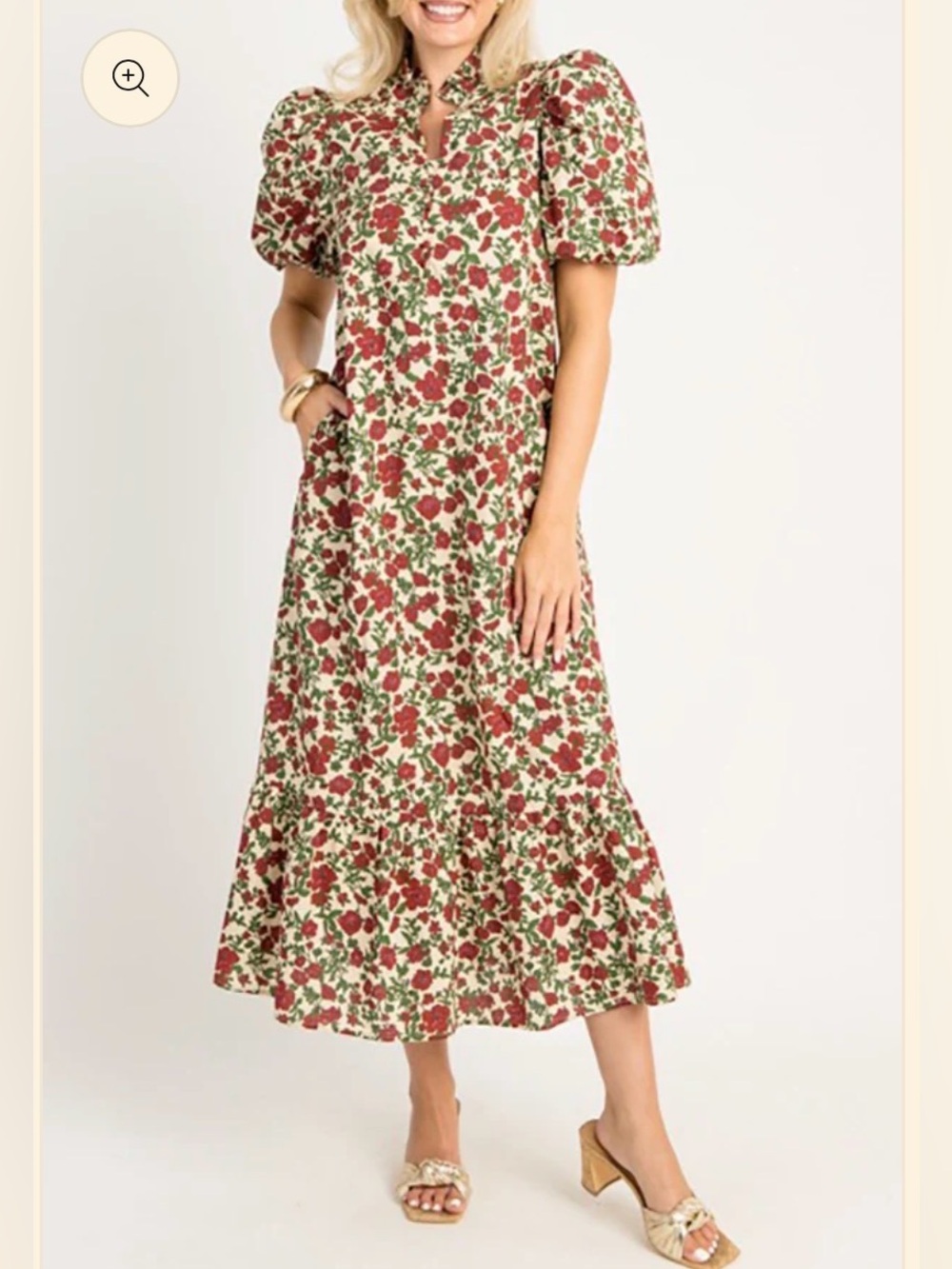 Entro Floral Puff-Sleeve Midi Dress